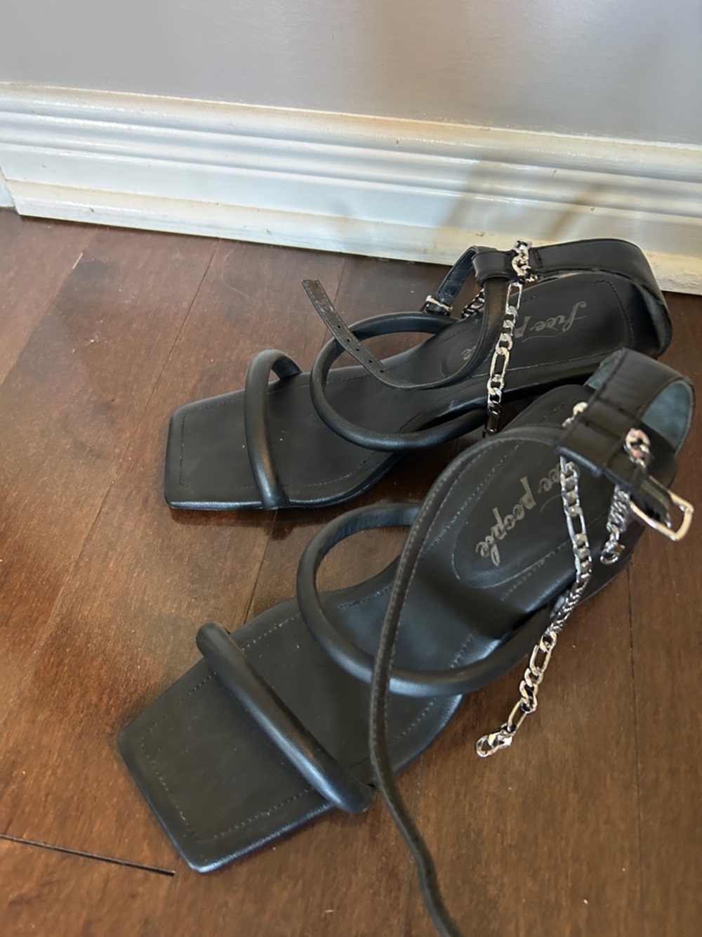 Free People Black Square-Toe Strappy Sandals with Chain Detail